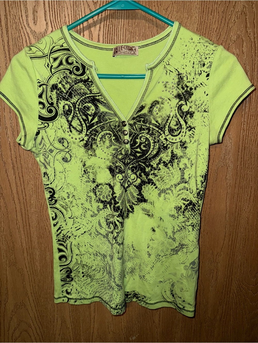 Bright Lime Graphic V‑Neck Tee with Embellished Detail